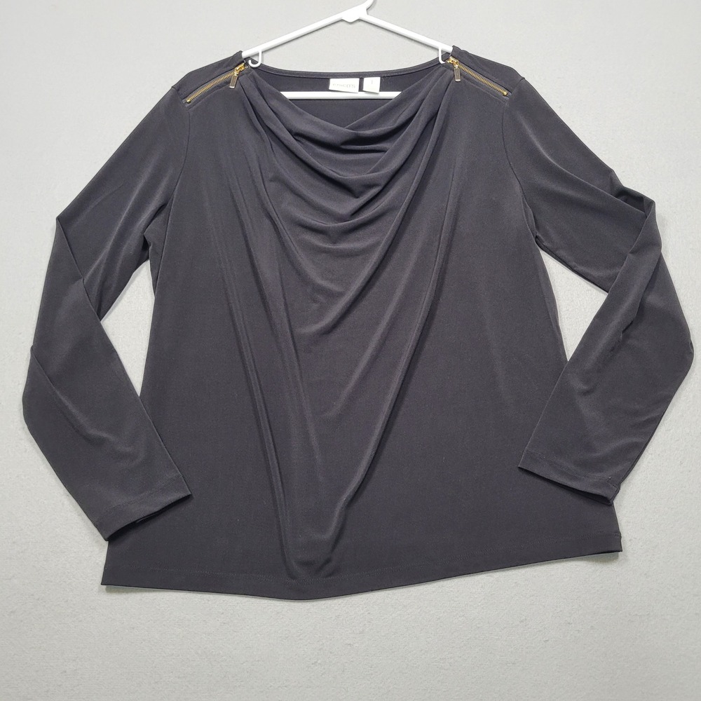 Chicos Drape Neck Long Sleeve Top Black Gold Zipper Accents Size 1 Medium